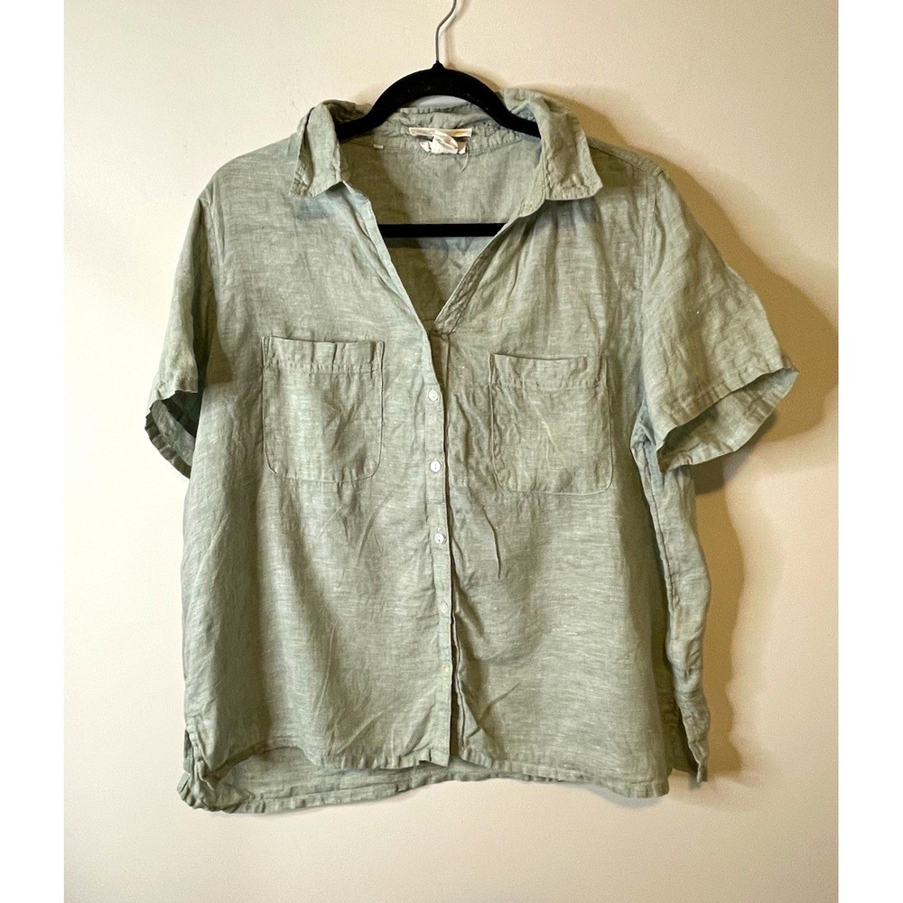 C&C California Button Shirt Womens L Light Green Linen Short Sleeve Coastal Casu